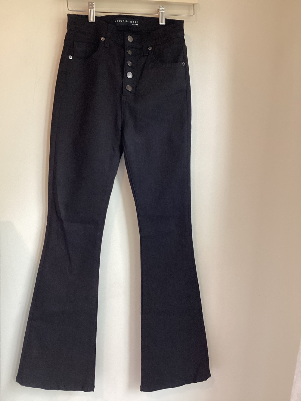 Veronica Beard Beverly Skinny Flare High Rise Button Flly Jeans 26 Coated Black